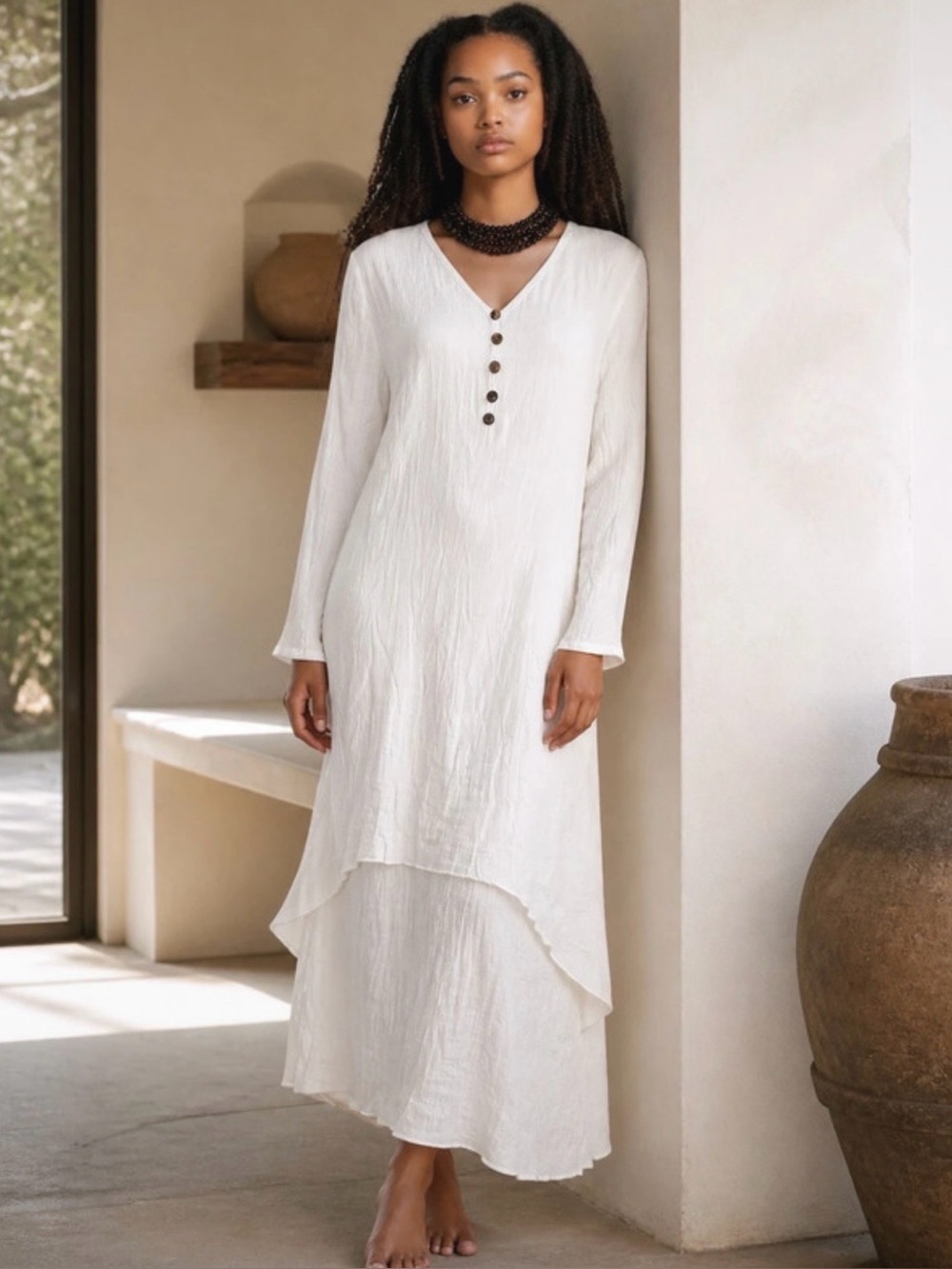 “Sin-no-to have-it” White Button-Front Long Sleeve Women's Dress